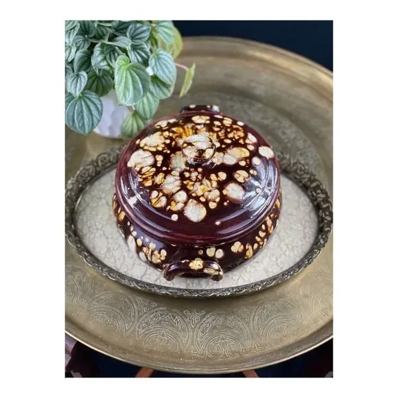 Vintage 70s Handcrafted Bean Pot With Lid Brown Tan Retro Decor Serveware - Picture 7 of 7